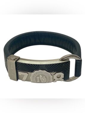 Vintage Diesel Faux Leather Steel Cuff Bracelet Mens 7” Industrial Hinged Clasp